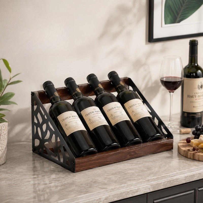 Home Bar Stand - Hölzernes Weinregal für Zuhause, Weinflaschenhalter, Retro-Hohleisen-Cocktailregal,