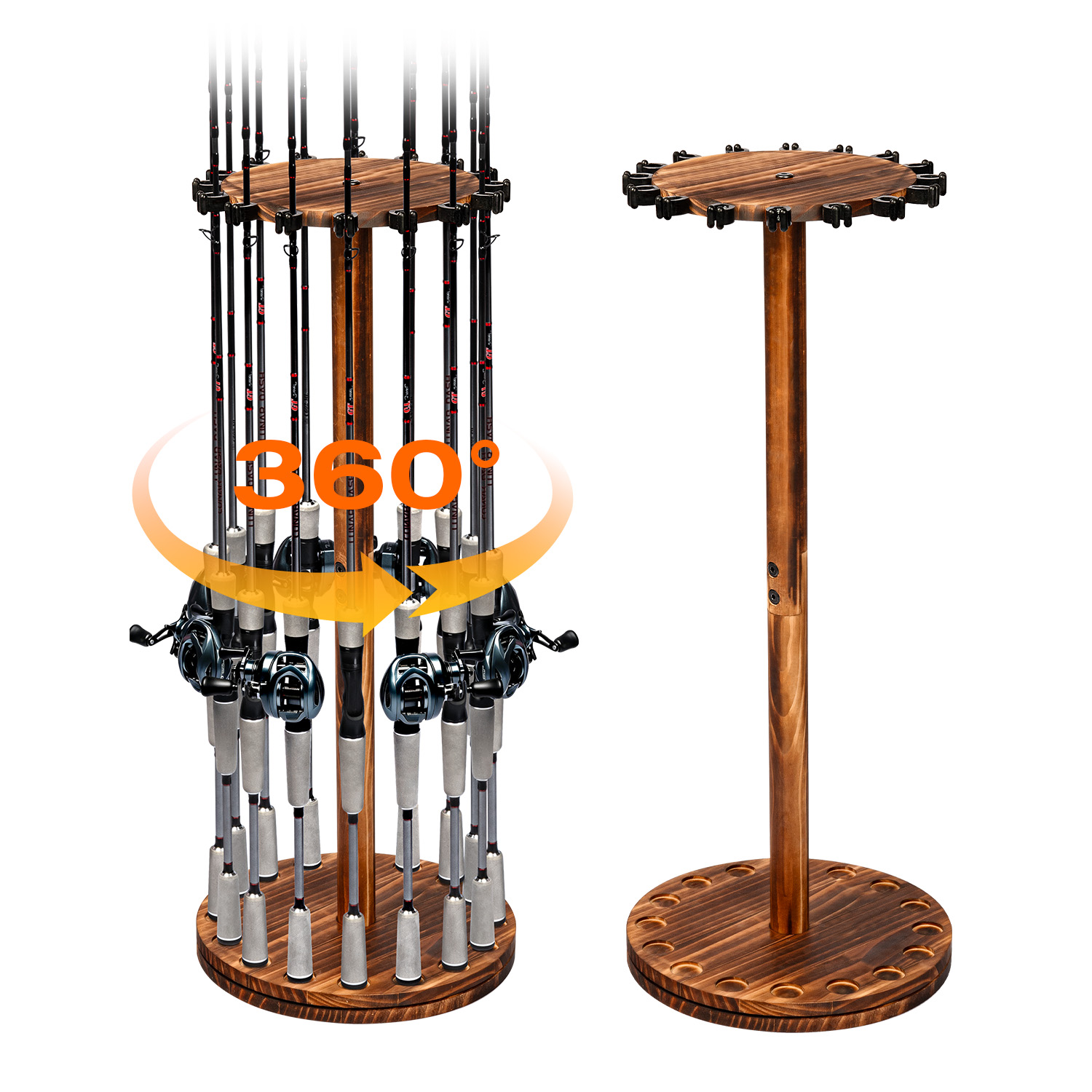 Home Bar Stand - Runder Angelrutenhalter aus Karbonisiertem Holz, Drehbarer